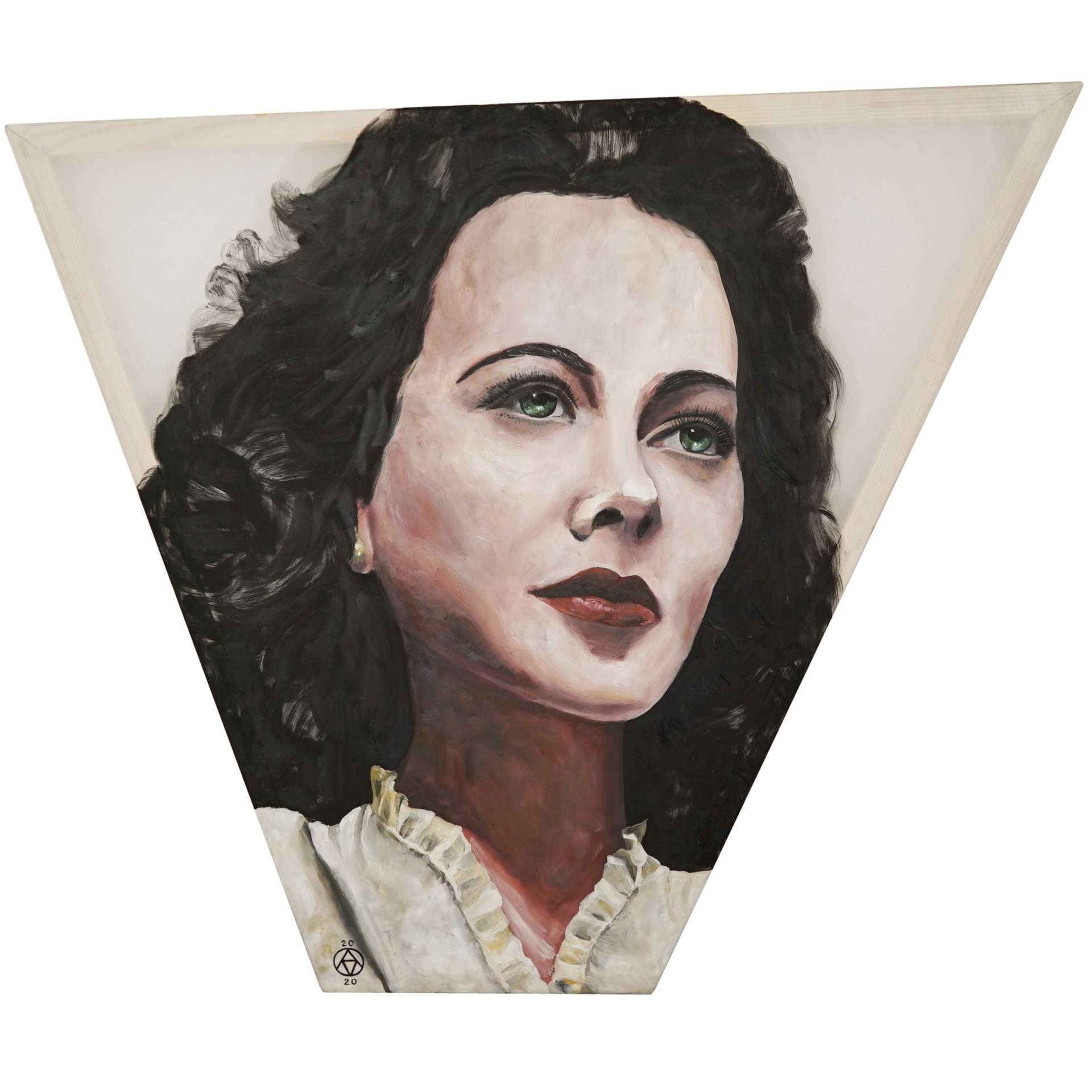 Hedy Lamarr portrait in oil on silk on a canvas with uneven angles of the frame
